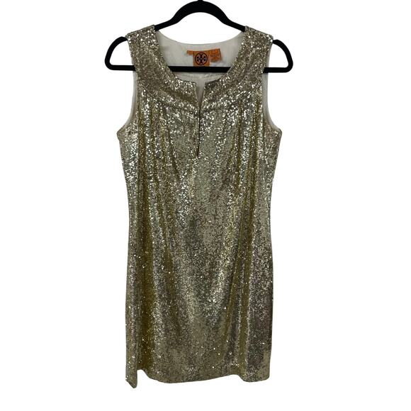 Tory Burch Metallic Gold Sequin Sleeveless Silk Sheath Dress Womens Size 8 - Picture 1 of 5